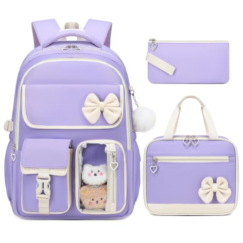 GeeWin Girls Backpack for School Cute Bow with Lunch Box & Pencil Case Set - color: Purple Beige