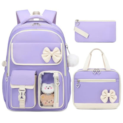 GeeWin Girls Backpack for School Cute Bow with Lunch Box & Pencil Case Set - color: Purple Beige