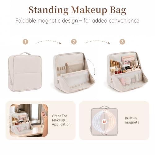 Travel Makeup Bag Standing Folding Leather Cosmetic Organizer with Handle - color: Cream, size: Large