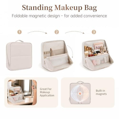 Travel Makeup Bag Standing Folding Leather Cosmetic Organizer with Handle - color: Cream, size: Large