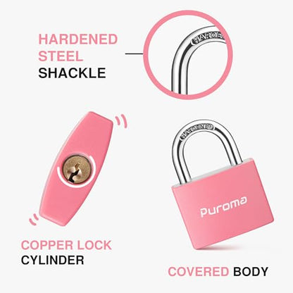 Puroma 2 Keyed Padlock with 3 Keys Aluminum 7/8“ Lock 43mm Gym Locker Pink - color: Pink, style: 2 Pack