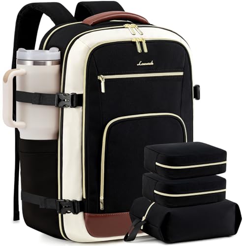 LOVEVOOK 50L Travel Backpack for Women Flight Approved, Carry on Backpack for Airplanes, TSA Personal Item Travel Bag, Waterproof 18 Inch Laptop Backpack, Business Weekender Overnight Daypack, 4Pcs - color: Black-beige-brown, size: 50l-18 Inch-4pcs Standa