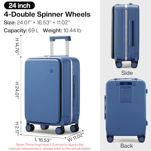 mixi Large Checked Luggage with Cup Phone Holder and Charger Hard Shell Suitcases with Spinner Wheels, 24 Inch Sapphire Blue - color: Sapphire blue, size: 24-inch