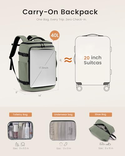 LOVEVOOK Travel Backpack for Women Men, 40L Carry On Travel Backpack - color: Sage Green‑black, size: 40L-4Pcs