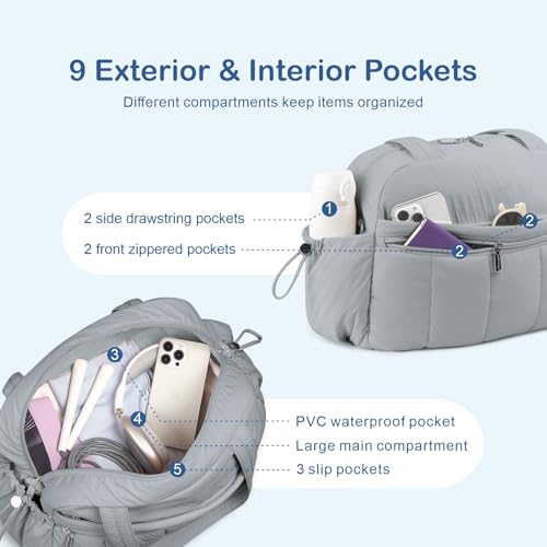 TOPDesign Travel Duffel Bag, Puffy Carry On Overnight, Gym Bag w/Wet Pocket - color: Light Grey