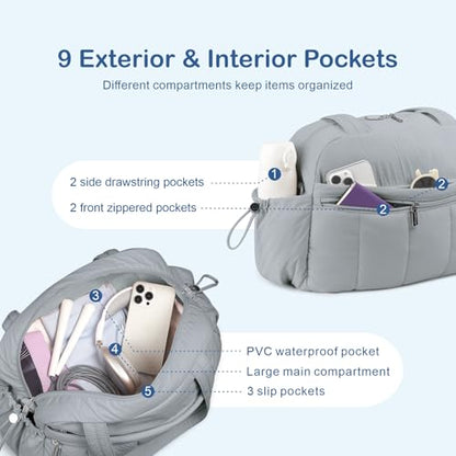 TOPDesign Travel Duffel Bag, Puffy Carry On Overnight, Gym Bag w/Wet Pocket - color: Light Grey