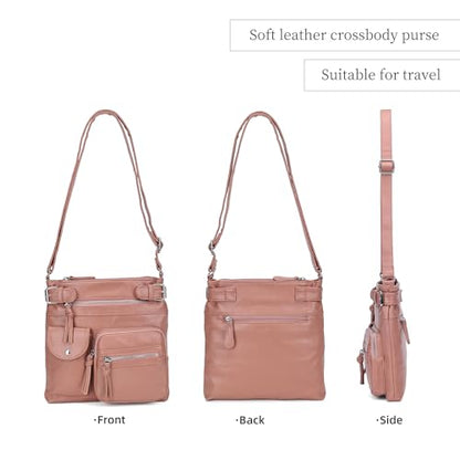 KouLi Buir Crossbody Bag for Women, Leather Purse with Adjustable Strap Lightweight Shoulder Bag with Zipper Pockets - color: Pink