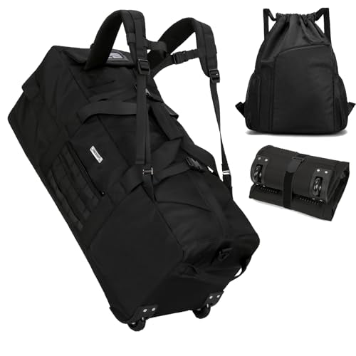 80L Travel Rolling Duffel Bag with wheels, Military Tactical Wheeled Foldable for Deployment Travel Camping Sports - color: Matte Black