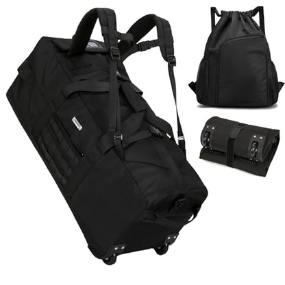 80L Travel Rolling Duffel Bag with wheels, Military Tactical Wheeled Foldable for Deployment Travel Camping Sports - color: Matte Black