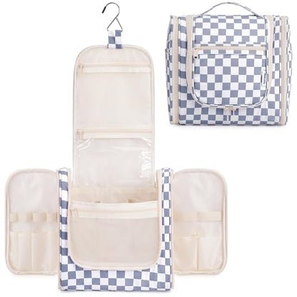 Narwey Large Hanging Travel Toiletry Bag for Women, Makeup Cosmetic Bag - color: C-Grayish Blue Checkerboard, size: Large