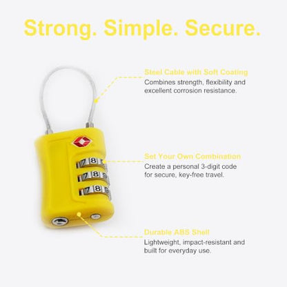 TSA Locks for Luggage Travel Essentials Small Combination Lock - color: Black+Yellow