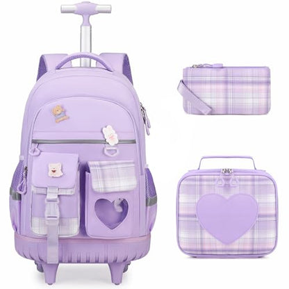 ACESAK 3PCS Rolling Backpack for Girls Children, Girls Backpack with Wheels - color: Purple
