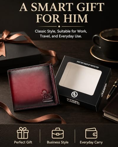 Men's Cowhide Leather RFID Wallet, Slim Bifold (Red) - color: Red