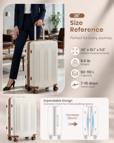 Kono 28 Inch Large Checked Luggage with Spinner Wheels Expandable TSA Lock - color: Cream White, size: 28"