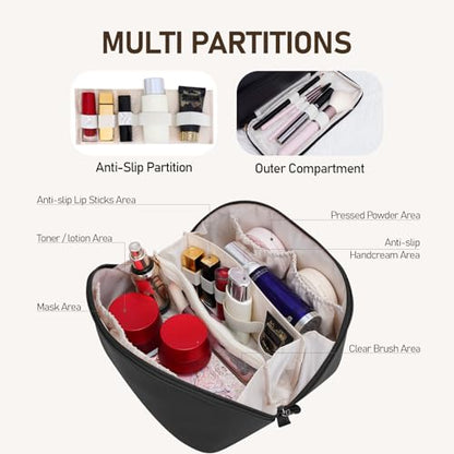 Large Capacity Cosmetic Bag for Women, Waterproof PU Leather Makeup Bag for Travel,Toiletry Bag Make up Organizer with Divider and Handle (Black) - color: Black