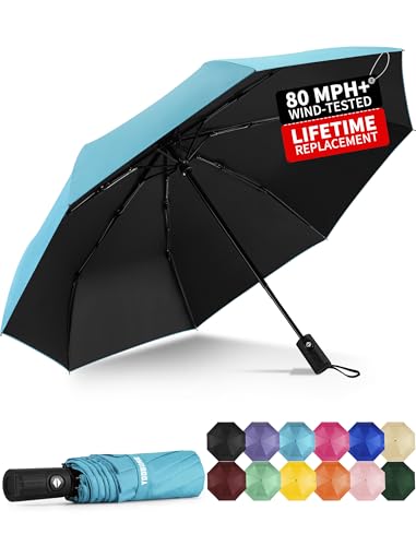 Yoobure Windproof Automatic Travel Umbrella, Compact Folding UV Sun & Rain | One-touch auto open close, windproof frame withstands storms, UV protection fabric, lightweight for backpack car daily use - color: Auto-Sky Blue