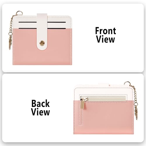 Airkit Small Wallet Women RFID, PU Leather Card Holder with Keychain - color: Pink & White