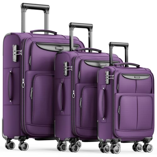 SHOWKOO Luggage Sets 3 Piece Softside Expandable Durable Suitcase Sets - color: Purple
