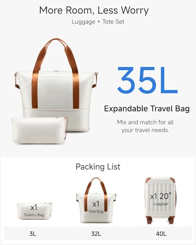 YOETEY Carry On Luggage 22x14x9 Airline Approved, Hardside Suitcase with Wheels, TSA Approved, Tote Bag, White Brown - color: White Brown, size: 20 inches (3-Piece Set: 20/DB/TB)