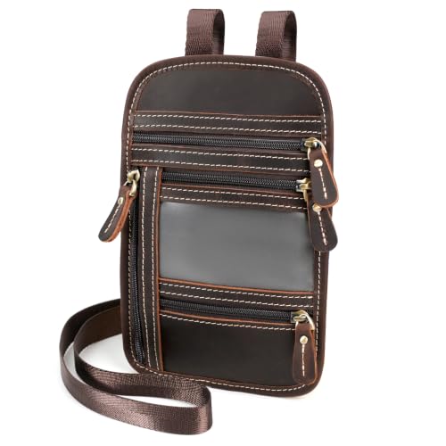 Full Grain Leather Neck Wallet, RFID Blocking Passport Travel Pouch, Coffee - color: Dark Brown
