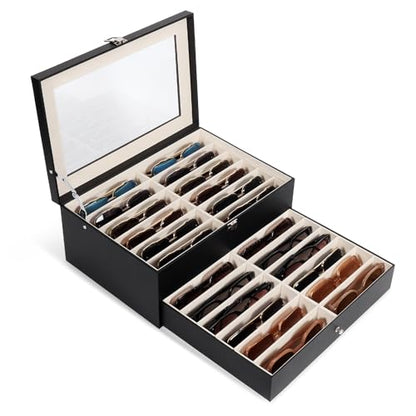 Sunglasses Storage Organizer Case with 24 Adjustable Slots, 2 Layer Multi Eyeglass Glasses Display Box with Lid Women - color: Black,24 Slots