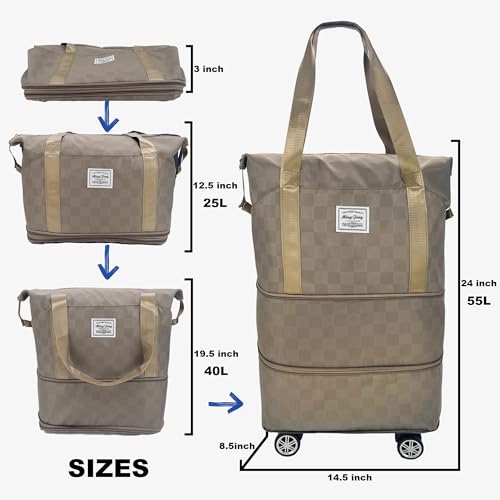 Expandable duffel bag,carry-on large bag with wheels(KHAKI Check) - color: KHAKI