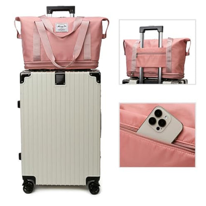 Travel Tote Bag with Trolley Sleeve Expandable Extra Duffel Bag with Wheels Lightweight Traveling Foldable Suitcase - color: Light Gray