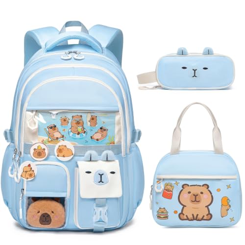 3PCS Capybara Backpack for Girls with Lunch Box Kapybara Bookbag (Blue) - color: Blue