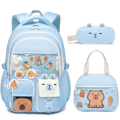 3PCS Capybara Backpack for Girls with Lunch Box Kapybara Bookbag (Blue) - color: Blue