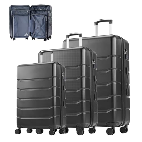 Simple Deluxe 3-Piece Luggage Sets, Suitcase with Double Spinner Wheels & TSA Lock, Hard Shell Suitcase, Expandable Rolling Lightweight Luggage, Black - color: Black, size: 3-Piece Set (20/24/28)
