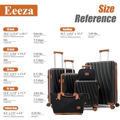 Luggage Sets 6 Piece Suitcases (Black, 16"/20"/24"/28"/DB/TB) - color: Black, size: 6 Piece Sets (16/20/24/28/DB/TB)