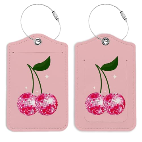 Pink Preppy Cherries Luggage Tags for Suitcases, Disco Ball Luggage Tag, Back to School, Trendy Girly 2 Pack Travel Luggage Tags, Teen Girls Gifts Suitcase Tags - color: Charries Disco Ball