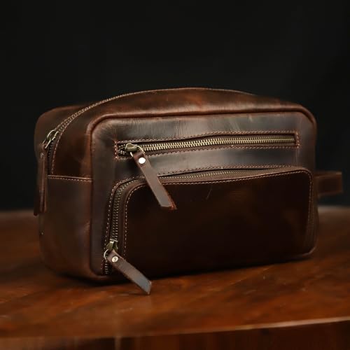 CREATIVE LEATHER ART Leather Dopp Kit for Men, Vintage Brown Toiletry Bag, Shaving Travel Organizer Pouch