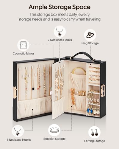 Enthralite Portable Travel Jewelry Case: Jewelry Box with Lock and Mirror - color: Black