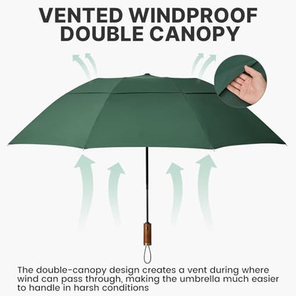 G4Free 54 Inch Inverted Windproof Umbrella with Wooden Handle Rain Umbrella - color: Dark Green