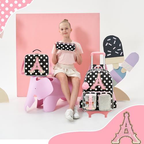Meetbelify 3 in 1 Backpack with Wheels for Girls Rolling Letter Backpack Cute Carry on Backpacks Kids Luggage with Lunch Box Pencil Case for Elementary Student - color: Black Wave Point