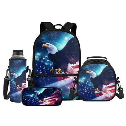 Bald Eagle Kids School Backpack for Boys 5-7 - 4PCS Back to School Set 4th July Design 17 Inch Backpack with Lunch Box for Elementary & Kindergarten Student Lightweight Bookbags - color: Bald Eagle