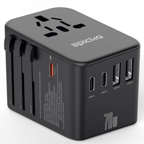 Epicka 70W GaN PD Universal Travel Adapter, 3USB-C/2USB-A - style: 70W-5USB(3 USB-C) Black