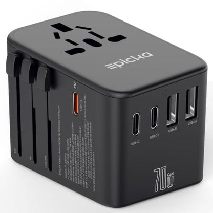 Epicka 70W GaN PD Universal Travel Adapter, 3USB-C/2USB-A - style: 70W-5USB(3 USB-C) Black