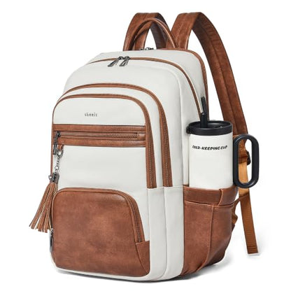 Shrrie 17 Inch Faux Leather Laptop Backpack for Women with Large Cup Holder - color: Beige With Brown