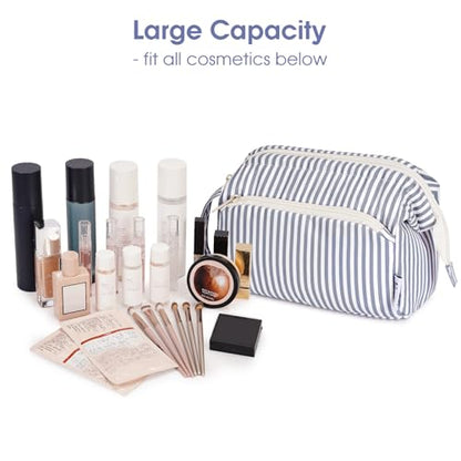 Narwey Travel Makeup Bag Toiletry Bag, Wide Open Cosmetic Bag for Women - color: D-Greyish Blue Stripe, size: Small