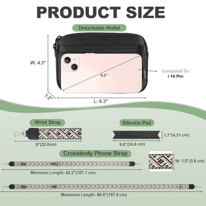 YFWE Clip and Go Strap for Phone with Wallet Crossbody, Adjustable Phone Lanyard with Detachable RFID Wristlet Wallet, Pattern Strap, Black (M) - color: Black-pattern Strap, size: Medium