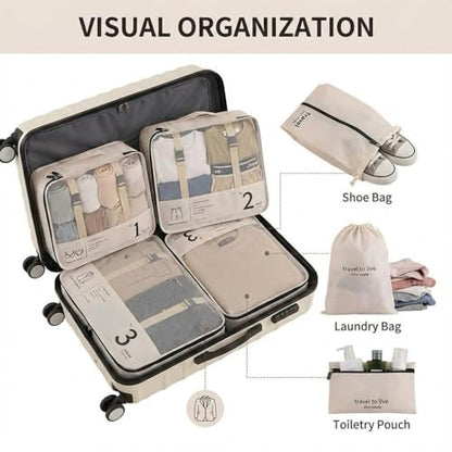 7 Set Packing Cubes for Travel, Compression Luggage Organizer Bags for Suitcase Mesh Travel Essentials with Shoe Bag, Drawstring Bag & Clothing Organizer for Carry On, Beige