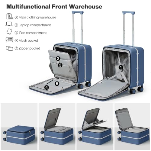 mixi Carry On Luggage, 18” Suitcase with Front Pocket, Travel Luggage Aluminum Frame PC Hardside with Spinner Wheels & TSA Lock and Cover (Not for Underseat), Sapphire Blue - color: Sapphire Blue, size: 18-inch