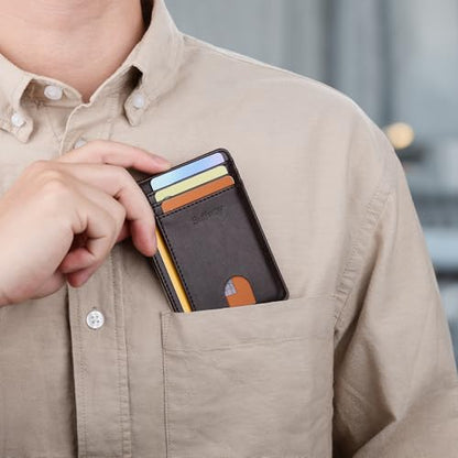 Buffway Slim Minimalist Front Pocket RFID Blocking Leather Wallets for Men and Women - Pebble Brown - color: Pebble Brown
