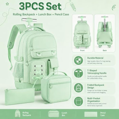 UFNDC 3PCS Wheeled Backpack for Girls, Women Green Roller Backpacks with an Interlaced Ribbon Bow, Water-Resistant Travel Rolling Backpack - color: Rolling Backpack Ribbon Bow Green