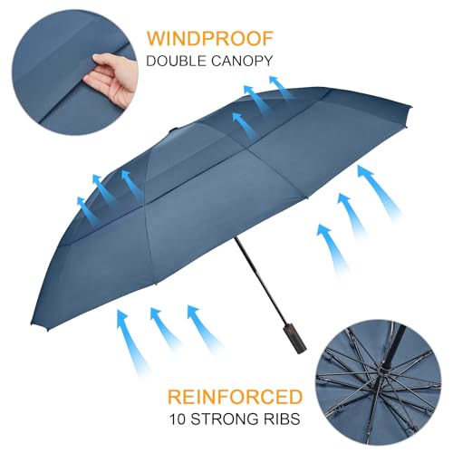 Prospo 46/62 Inch Large Travel Umbrellas for Rain Windproof, 10 Ribs Compact Reverse Folding Golf Umbrella, Double Canopy Automatic Open Close - color: Navy Blue, size: 62 inch