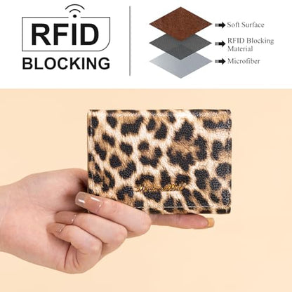 Montana West Small Wallets Woman RFID Blocking Wallet Trifold Pocket Wallet with ID Window - color: Z Leopard Tan