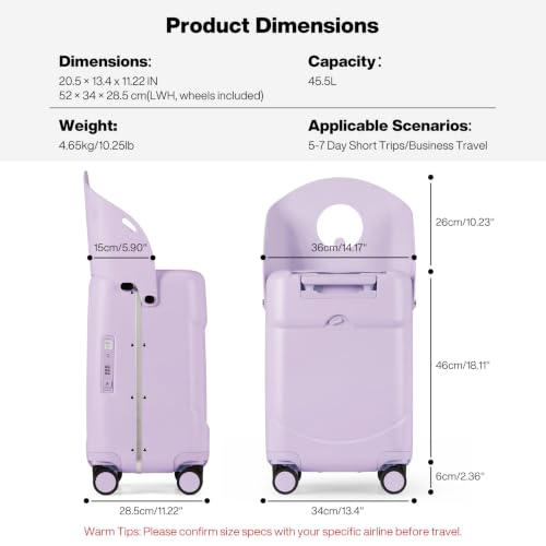 mixi 20 Inch Ride On Suitcase for Kids Luggage with Seat, Lilac Purple - color: Lilac Purple