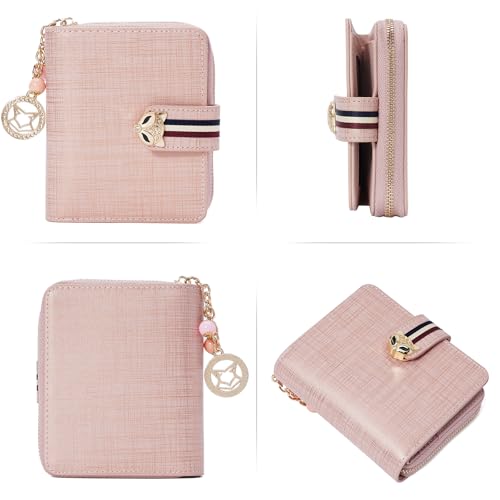 FOXLOVER Genuine Leather Zip Small Wallet Women RFID Blocking Credit Card Bifold Wallet Business Card Holder with ID Window(Pink) - color: 02-Pink